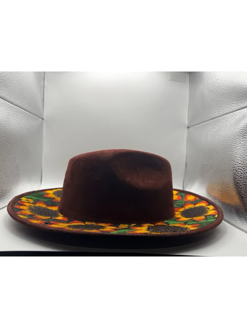 Mexican Artisanal Hand Embroidered Sunflower Fedora Hat Suede Boho Medium